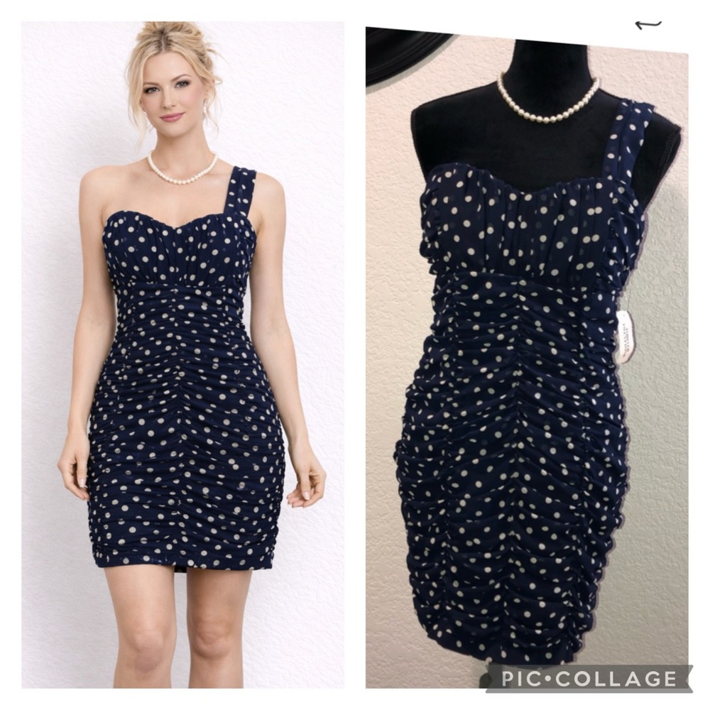 Dark blue polka dot ruched mini dress